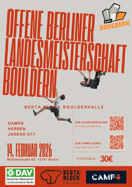 Landesmeisterschaft Bouldern am 14. Februar in der Berta Block Boulderhalle