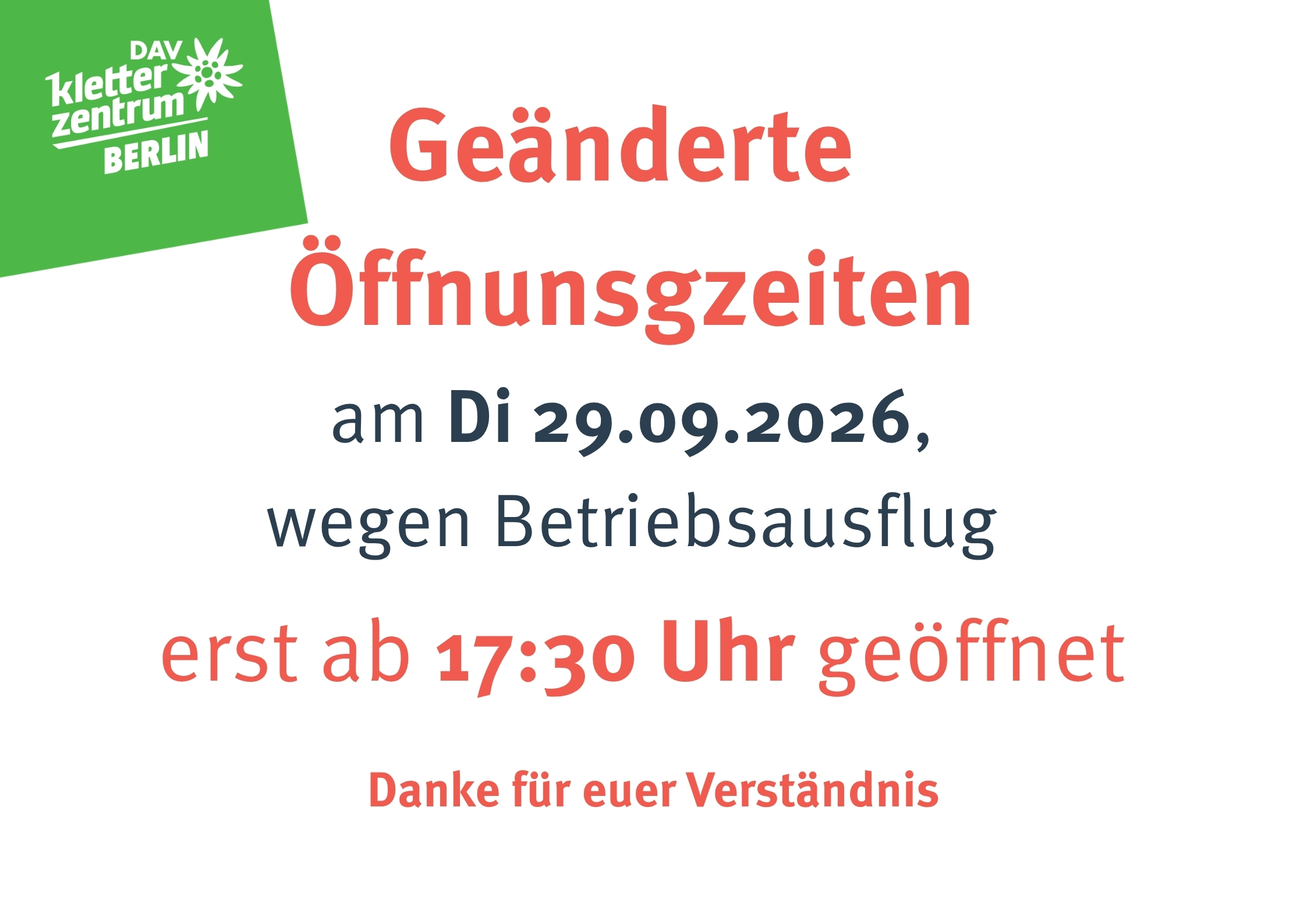 Kletterzentrum am Dienstag, 29.09. öffnet erst ab 17:30 Uhr